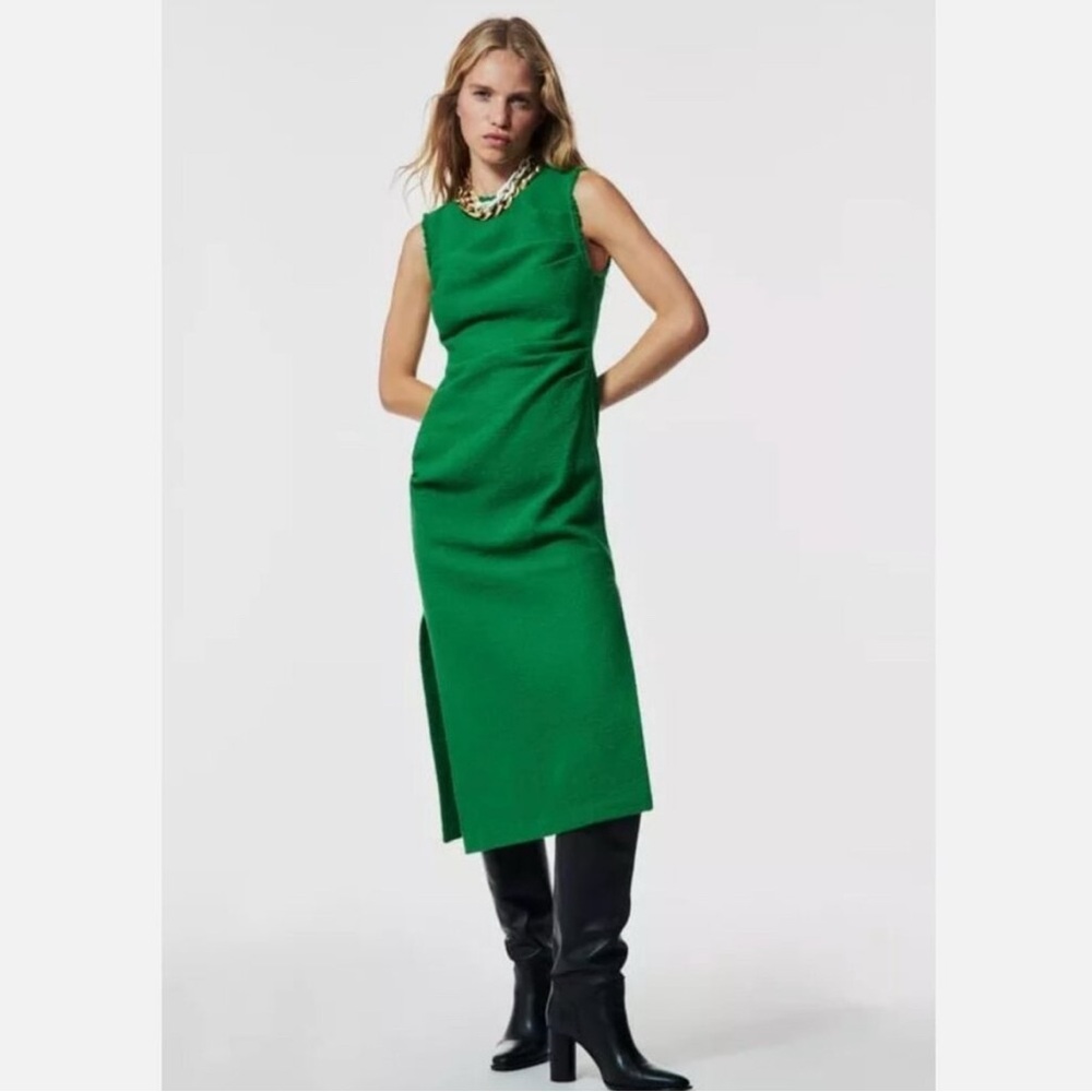 Zara Vibrant Green Tweed Midi Dress